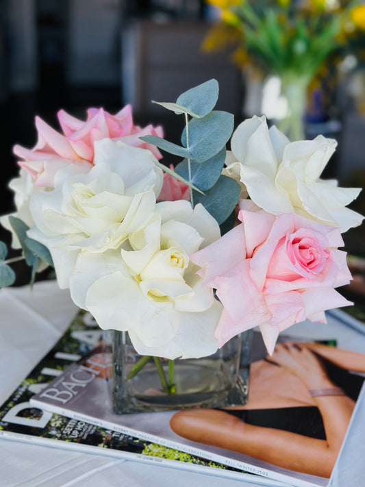 Mini Pink & White Roses in Vase