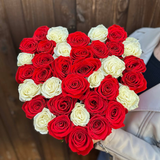 40 Red & White Roses In Heart Shaped Box