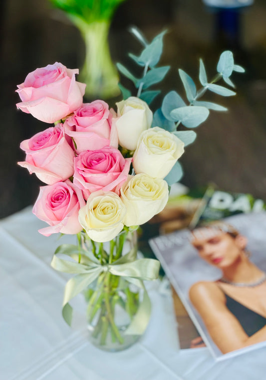 Pink & White Roses in Vase