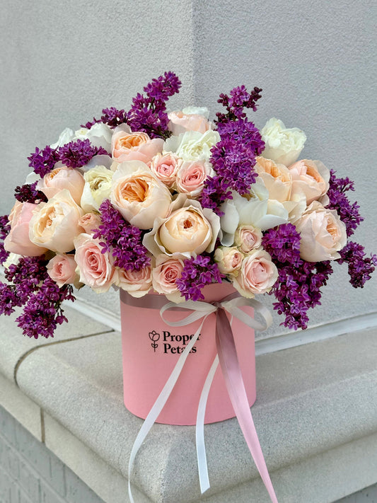 Lilac & Juliet Roses In Box