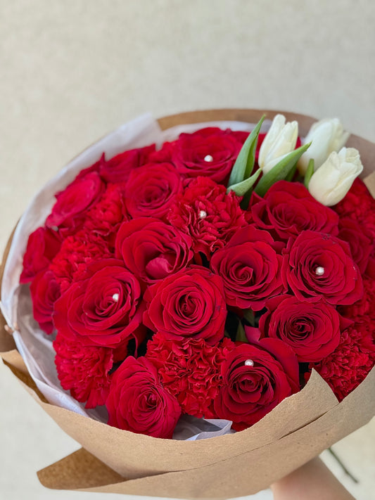 Red Roses, Carnations & White Tulips