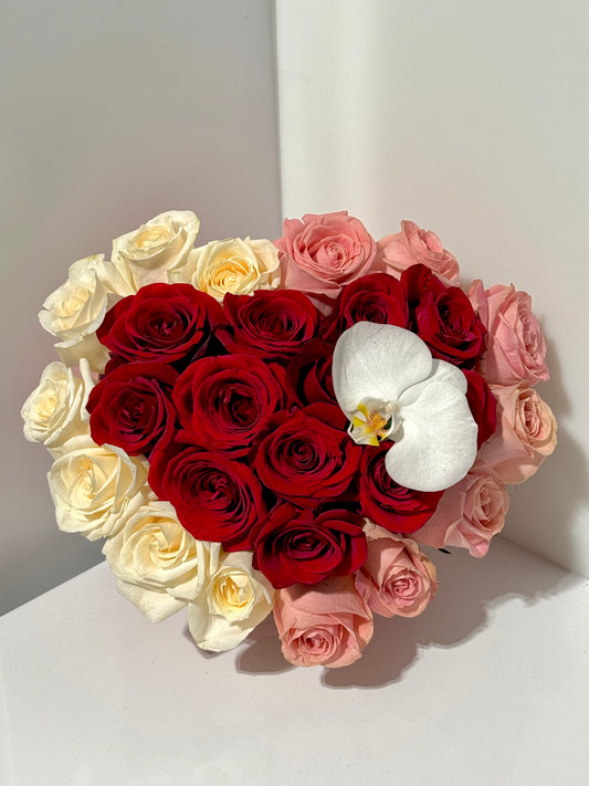 24 Roses & Orchids in Heart Box